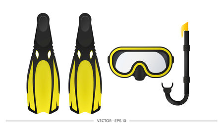 Collection for scuba diving or snorkeling. Scuba mask, snorkel, fins. Abstract concept, set of icons. Vector illustration on white background.のイラスト素材