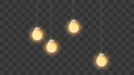 Realistic glowing light bulbs. Included Loft style Chandelier. Interior design element. Vector illustrationのイラスト素材