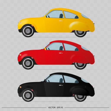 Vector set of cars in the old style. Realistic cars in different colors isolated on a transparent background. Stock illustration.の写真素材