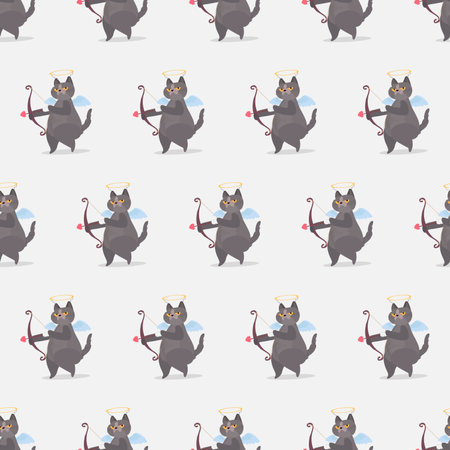 Seamless pattern Funny gray cat in the image of a cupid. A cat with a serious look. Chubby cat with an arrow. Background to the day of lovers. Vector illustrationのイラスト素材