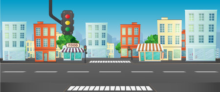 Modern city, town street flat vector with low-rise houses, commercial, public buildings in various architecture styles, sidewalk with city lights and road illustration. Metropolis outskirt backgroundのイラスト素材