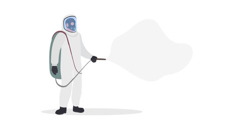 A man in a white protective suit is isolated on a white background. A man in a protective suit sprays an antidote. Vector flat style.のイラスト素材