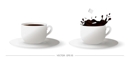 Set of realistic cup of coffee. Sugar cubes falling from a cup of coffee. Vector illustrationのイラスト素材