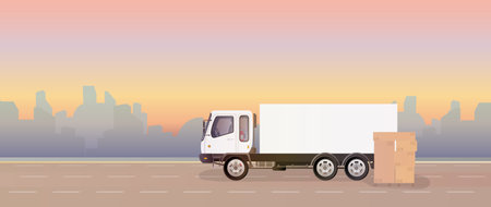 Lorry and pallet with boxes. A truck is standing on the road. Carton boxes. The concept of delivery and loading of cargo. Vector.のイラスト素材