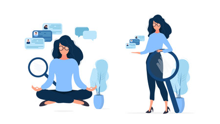 Set of business girls. Recruitment Specialist. Vacancy, resume. Suitable for design on the topic of job search and workers. Isolated. Vector.のイラスト素材