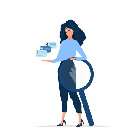 Girl in glasses. Recruitment and Recruitment Specialist. The concept of finding people to work, view vacancies and resumes. Isolated. Vector.のイラスト素材