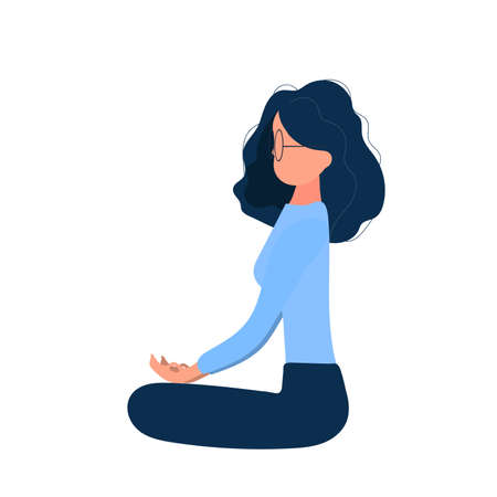Side view of a meditating girl. The girl practices yoga. Isolated on a white background. Vector.のイラスト素材