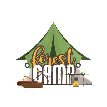 Collage on the theme of camping in the forest. Tent, camping, logs, ax, bonfire. Good for cards, t-shirts and banners. Isolated. Vector.のイラスト素材