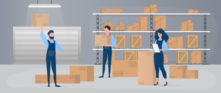 Large warehouse with drawers. Movers carry boxes. The girl with the list checks availability. Carton boxes. The concept of transportation, delivery and logistics of goods. Vector.のイラスト素材