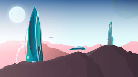 City of the future with unusual buildings. City on Mars. Flying transport. Fantasy. Vector.のイラスト素材