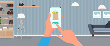 Order food and products over the phone. Order food at home. Food, hand holds a smartphone. Home delivery delivery concept. Vector.のイラスト素材