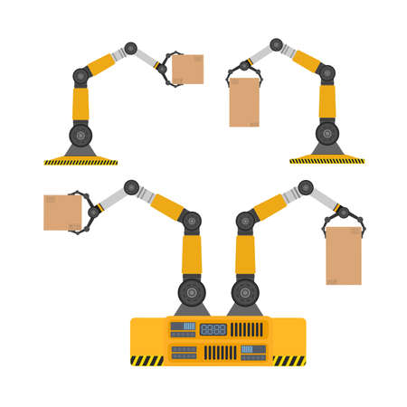 A mechanical robot holds a box. Industrial robotic arm lifts a load. Modern industrial technology....