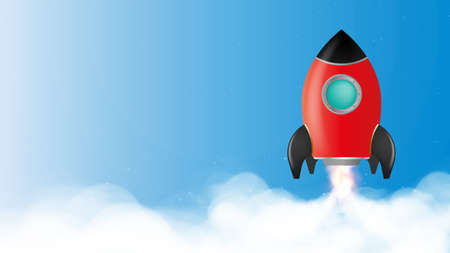 Blue banner on the theme of motivation. Red rocket is taking off. Place it below your text. The concept of career growth, development and motivation. Vector.の写真素材