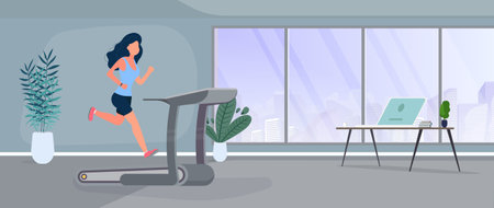 Girl runs on a treadmill. The girl is engaged in a running simulator. The concept of sport and healthy lifestyle. Gym, exercise machine. Vector.のイラスト素材