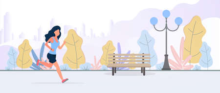 Sports banner with place for text. A girl in shorts and a t-shirt jogs. Isolated. Vector.のイラスト素材