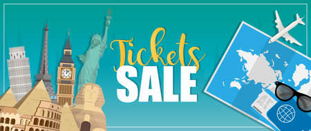 Ticket sales poster. Travel ticket sale banner. Big Ben, Statue of Liberty, Eiffel Tower, Coleseum, Pezan Tower, Egyptian pyramids. Vector illustrationのイラスト素材