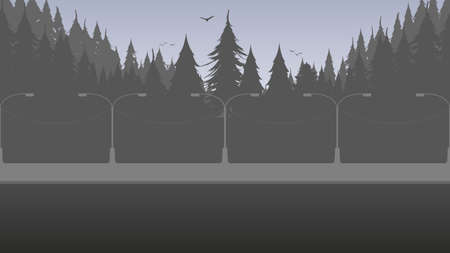 Trail overlooking the forest. The road with lanterns. Silhouettes of the forest. Vector.のイラスト素材