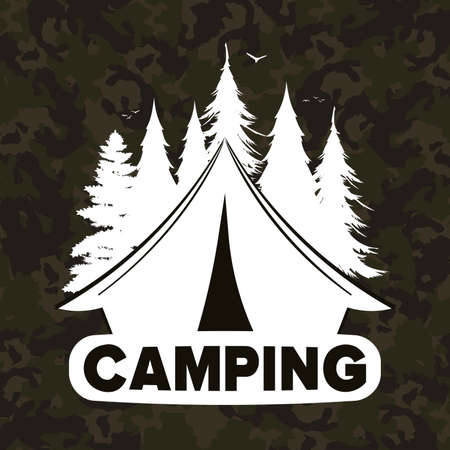 Camping square banner. Camping  with tent and forest silhouette. Vector.のイラスト素材