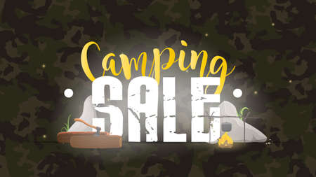 Camping sale banner. For promotions and promotions on tourism and camping. Beautiful lettering on a khaki background. Vector.のイラスト素材