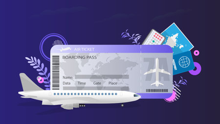Banner on the theme of air travel. Air ticket, airplane, calendar, passport and map. Composition on the theme of travel and purchase of airline tickets. Vector.のイラスト素材