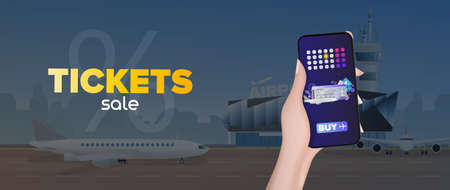 Ticket sale banner. Discount on air tickets. Online reservation. Modern airport. Runway. Airplane on the runway. Vector.のイラスト素材