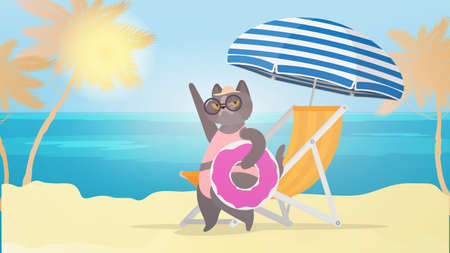 Funny cat with a pink swimming circle. Deckchair, umbrella. Cat in glasses and a hat. Good for stickers, cards and t-shirts. Funny banner on the theme of summer. Vector.のイラスト素材