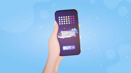 A hand holds a mobile phone with the application for the purchase of airline tickets. The application for online booking airline tickets. Vector.のイラスト素材