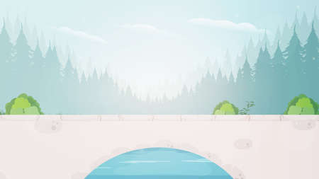 Stone bridge over the river in the forest. Vector illustration.のイラスト素材
