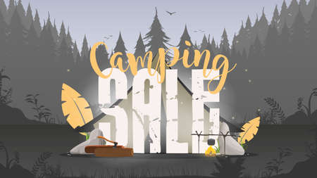 Camping sale text banner on Nature landscape. Vector illustrationのイラスト素材
