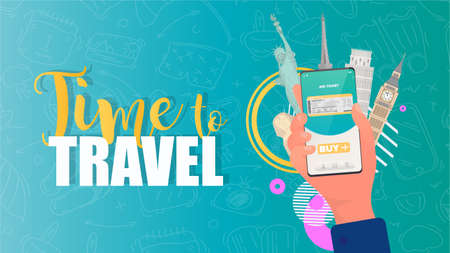 Time to travel banner. Buys groceries through the app. Buying food online. Egyptian pyramids, Eiffel Tower, Statue of Liberty, Wheels, Pezan Tower.のイラスト素材