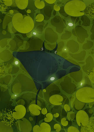 Manta ray swims underwater. River with lilies top view. Green water surface with sunlight reflection...