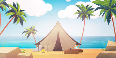 Camping tent at beach landscape design of camp adventure lifestyle and travel theme Vector illustrationのイラスト素材