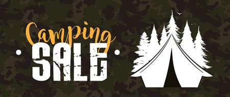 Camping sale banner. Camping sign with tent and forest silhouette. Vector.のイラスト素材