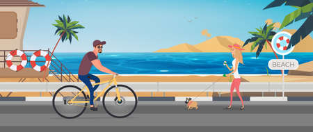 Guy in bicycle helmet on bike. Male character with tourist backpack rides on beach in autumnのイラスト素材