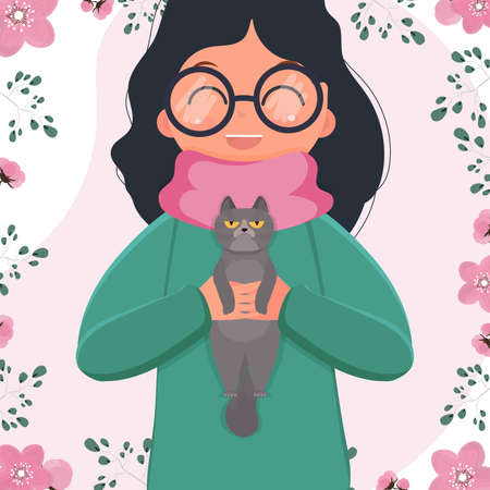Happy preschool child girl holding a cat in her arms. Children's cartoon character with a cat. Flat vector isolated illustrations.のイラスト素材