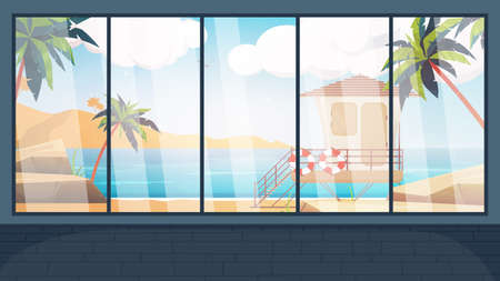A room with a large panoramic window overlooking the sea. Cartoon style, vector illustration.のイラスト素材