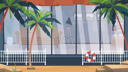 Villa with a pool among palm trees on the beachのイラスト素材