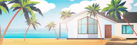 A hotel on a blue, clean and calm sea. Villa on a sandy beach with palm trees. Summer vacation concept. Vector illustration.のイラスト素材