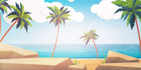 Beach with palms and rocks in cartoon style. Vector.のイラスト素材