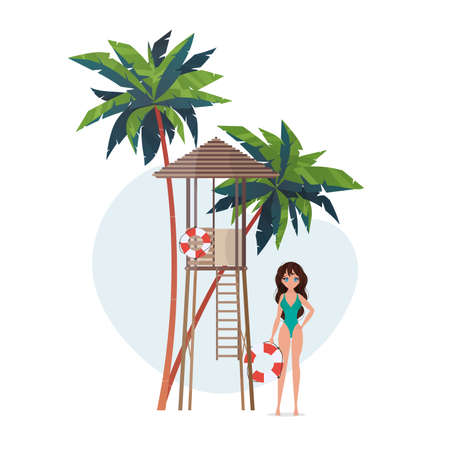 A woman near a life buoy. Beach lifeguard girl in a swimsuit. For banners. Isolated. Vectorのイラスト素材