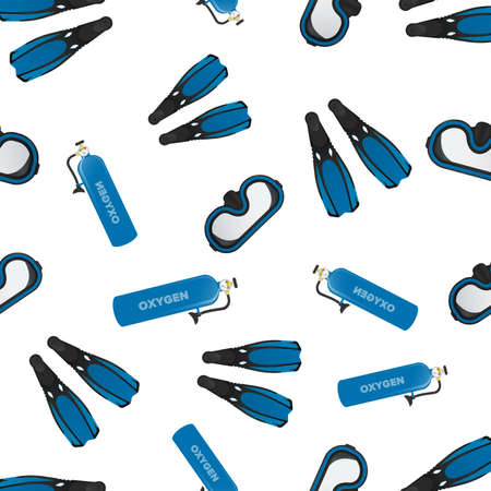 Seamless pattern with fins, masks and oxygen cylinders. Good for postcards, murals and fabrics.のイラスト素材