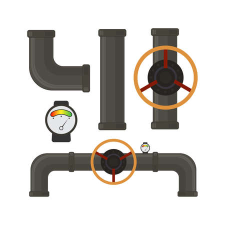Vector set of pipe system parts. Plastic pipe, leak valve, drip. Industrial technology. Isolated.のイラスト素材