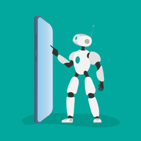 White robot clicks the phone. Vector illustration of a robot with a phone. In isolation. The concept of the future, artificial intelligence and technology.のイラスト素材
