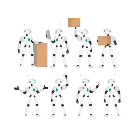 A white robot holds a box. Set of futuristic robots. The concept of future delivery, artificial intelligence and technology. Isolated, vector.のイラスト素材