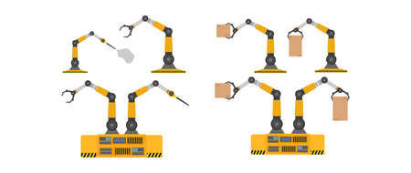 Set of mechanical robots holding boxes. Industrial robotic arm lifts a load. Modern industrial technology. Appliances for manufacturing enterprises. Isolated. Vector.のイラスト素材