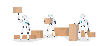 A white robot holds a box. Set of futuristic robots. The concept of future delivery, artificial intelligence and technology. Isolated, vector.のイラスト素材