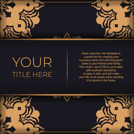 Ready-made postcard design with abstract vintage ornaments. Black-gold luxurious colors. Can be used as background and wallpaper. Elegant and classic vector elements ready for print and typography.のイラスト素材
