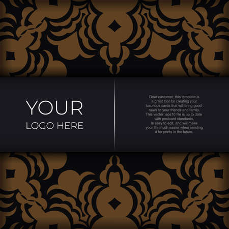 Ready-made postcard design with vintage Indian ornaments. Black-gold luxurious colors. Can be used as background and wallpaper. Elegant and classic vector elements ready for print and typography.のイラスト素材