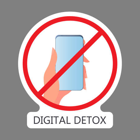 Crossed out hand icon with a phone. The concept of banning devices, device free zone, digital detox. Blank for sticker. Isolated. Vector.のイラスト素材