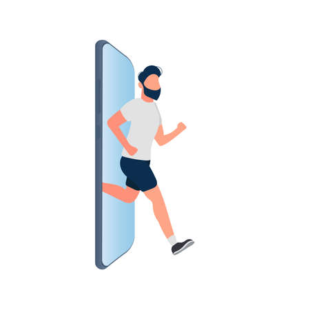 The guy runs out of the smartphone. The concept of banning devices, device free zone, digital detox. Blank for sticker. Isolated. Vector.のイラスト素材